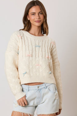 Velvet Bow Cable Knit Sweater