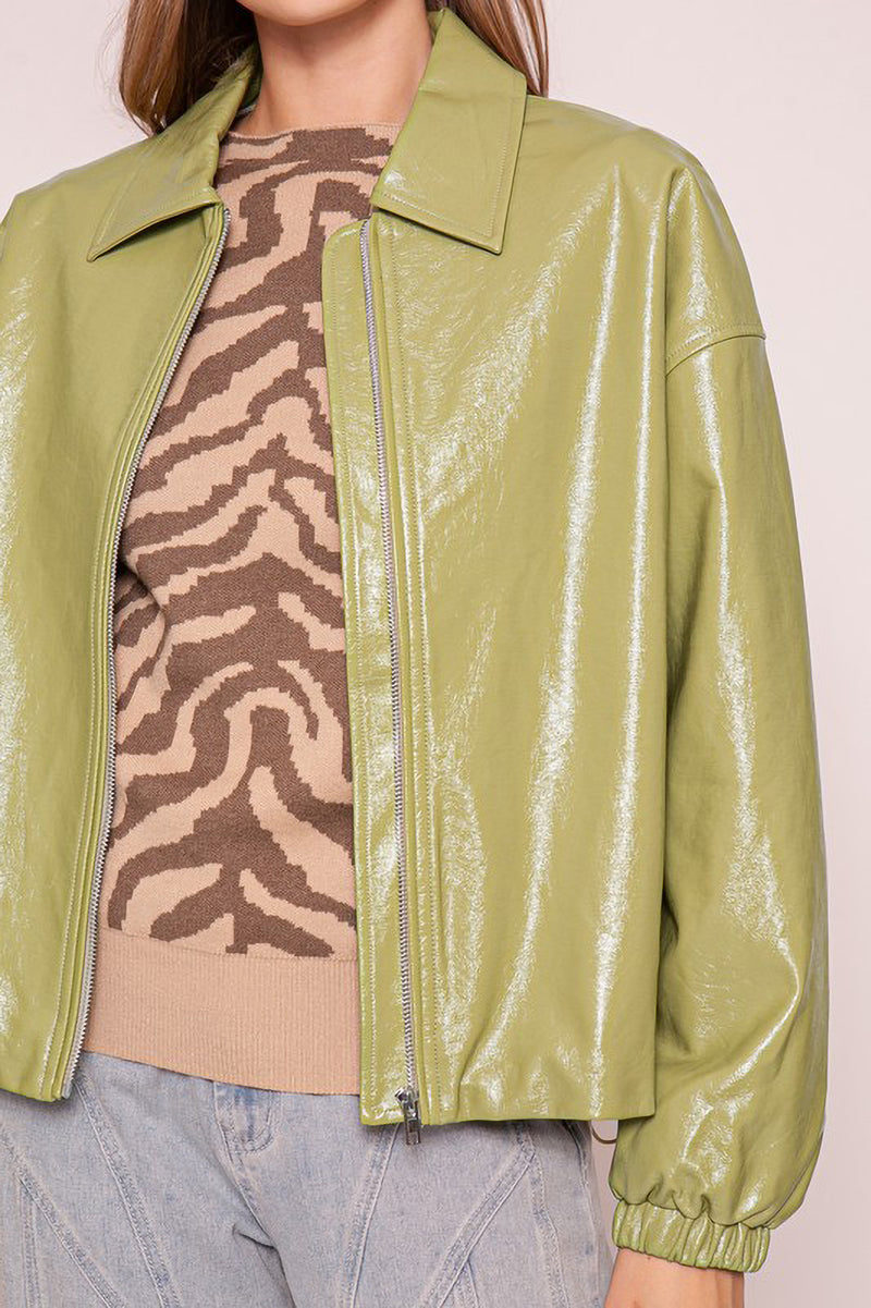 Green Collared Faux Leather Jacket