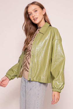 Green Collared Faux Leather Jacket