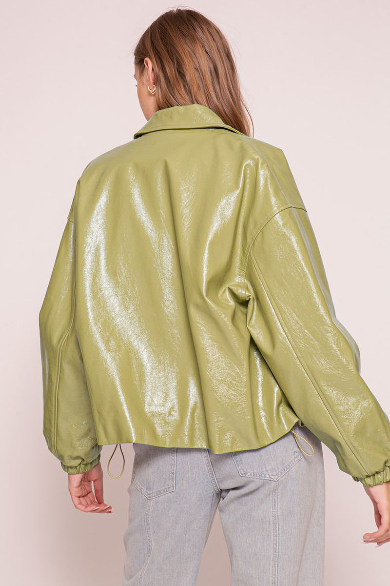 Green Collared Faux Leather Jacket