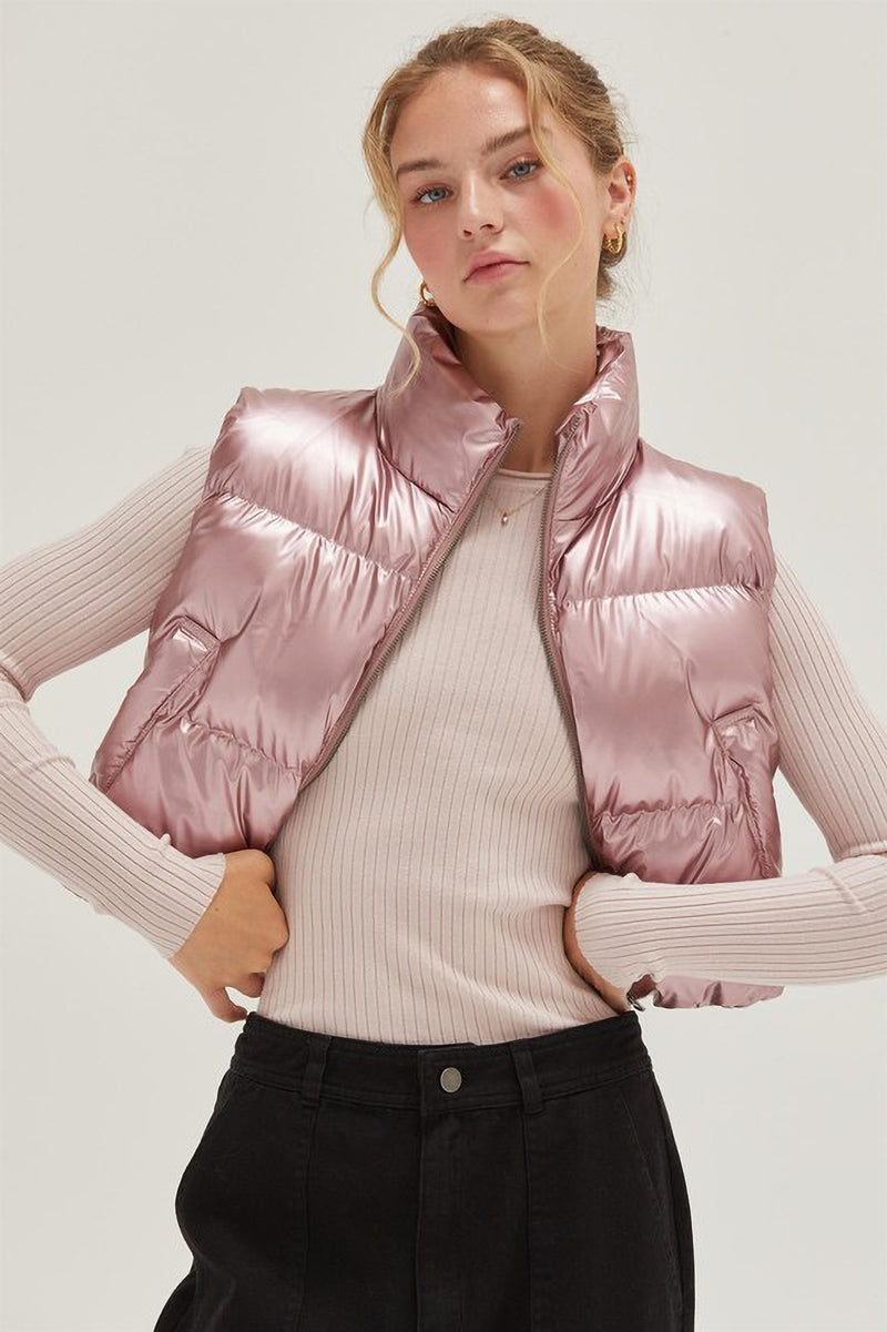 Cropped Metallic Puffer Vest