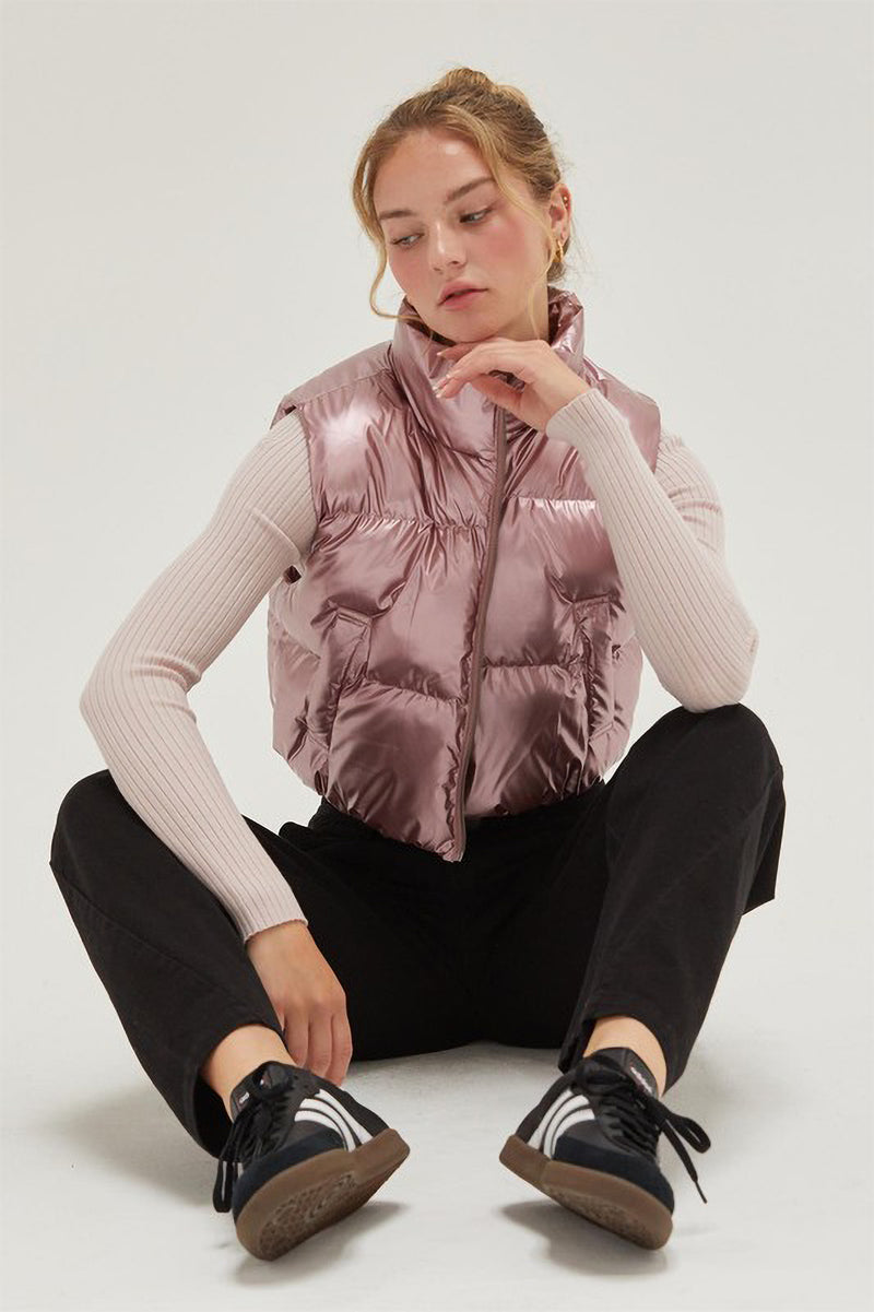 Cropped Metallic Puffer Vest