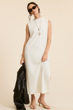 Pleated Mock Neck Midi Dress