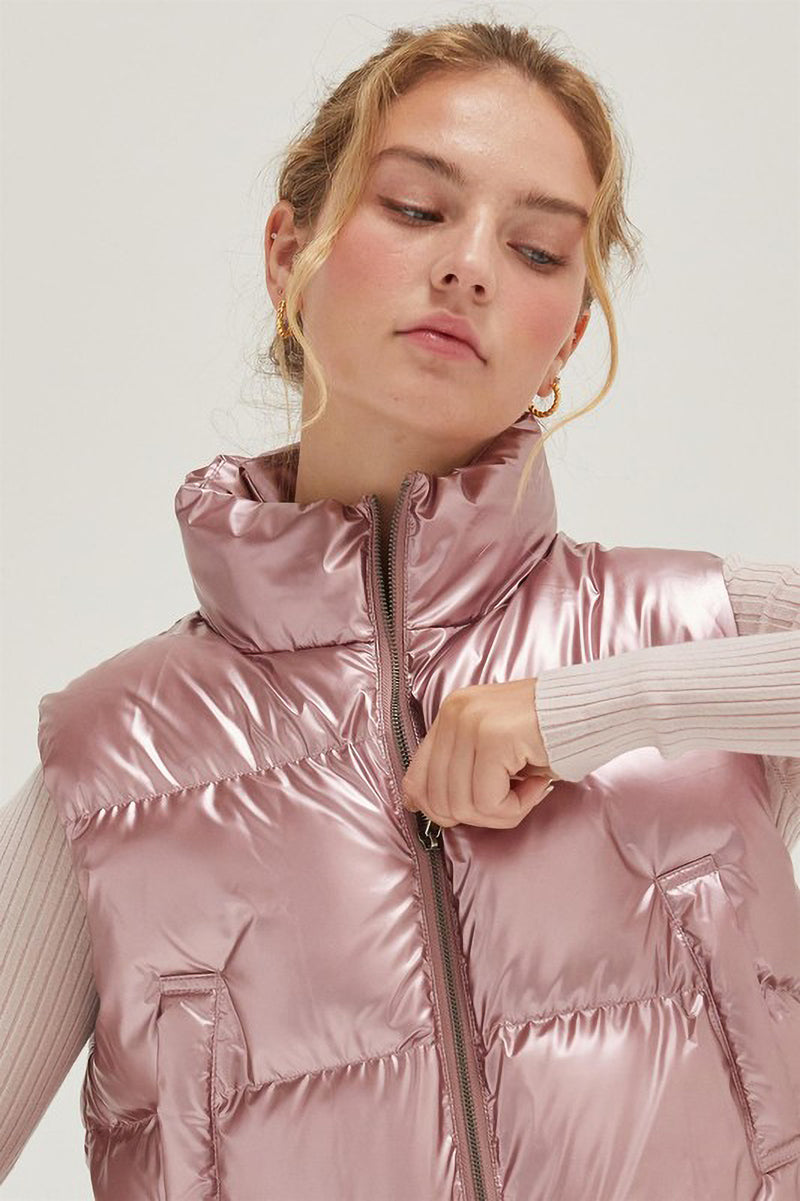 Cropped Metallic Puffer Vest