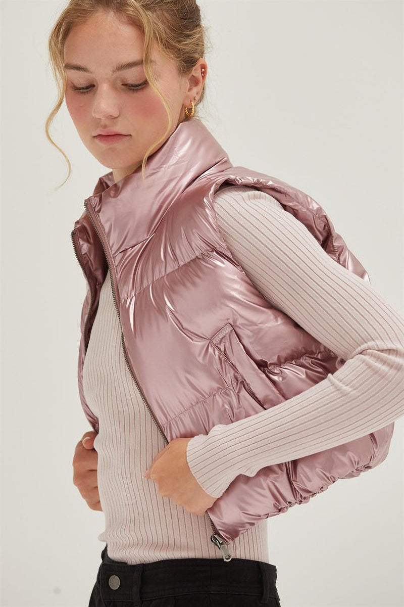 Cropped Metallic Puffer Vest